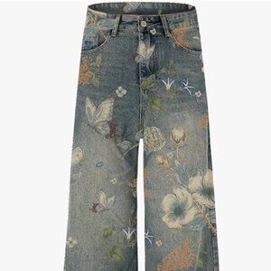 Wide Leg Flower Print Boyfriend Jeans Sz 30